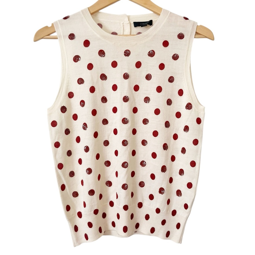J. Crew Cream Wool Sleeveless Red Sequin Polka Dot Sweater Tank Size Medium